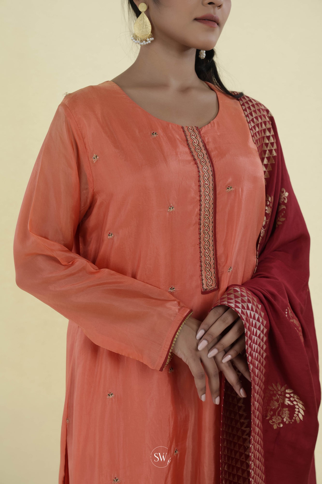 Creamy Peach Straight Suit Set With Hand Embroidery