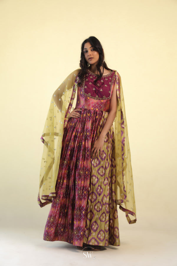 Tyrian Purple Long Dress with Bandhani Butti Pattern