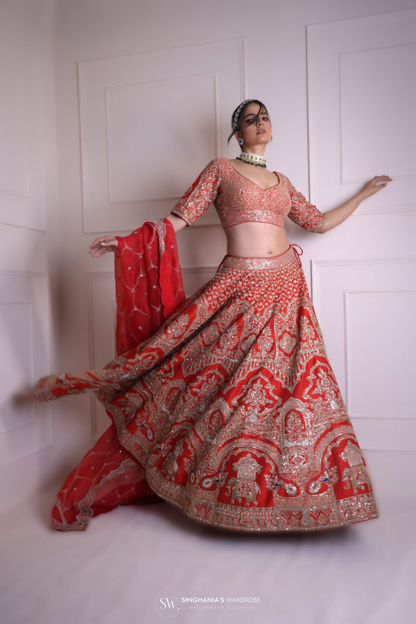 Cadmium Red Bridal Lehenga with Embroidery