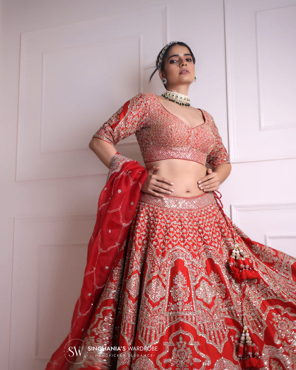Cadmium Red Bridal Lehenga with Embroidery