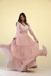 Melon Pink Embellished Long Gown With Floral Design