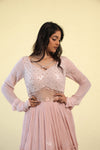 Melon Pink Embellished Long Gown With Floral Design