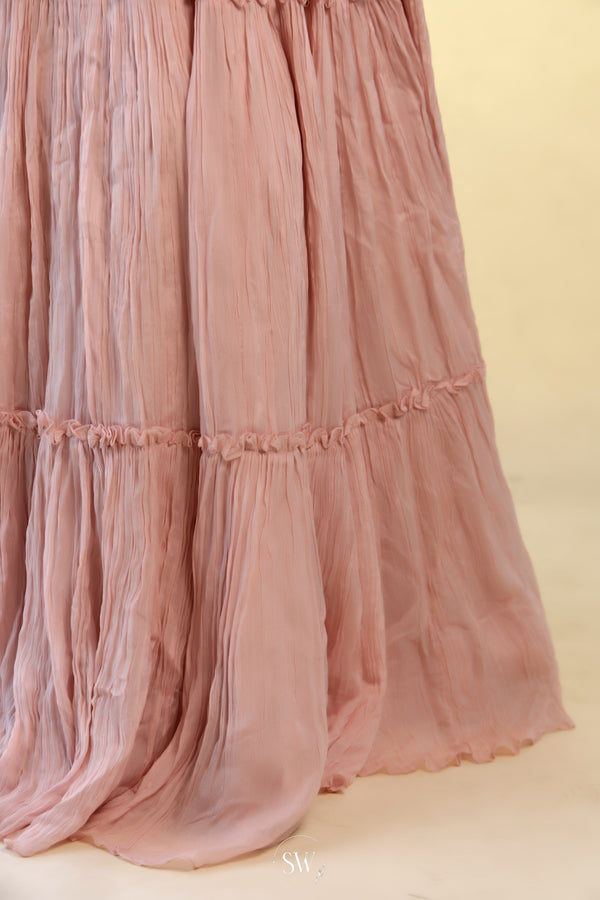 Melon Pink Embellished Long Gown With Floral Design
