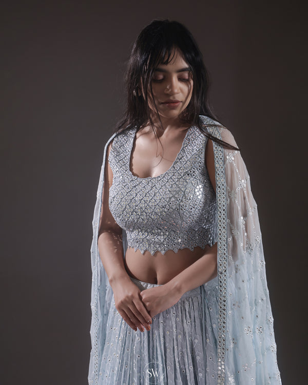 Pastel Blue Lehenga Set with Hand Embroidery