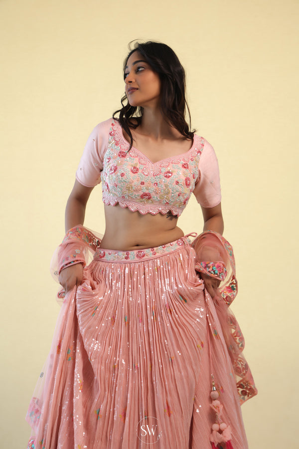 Tulip Pink Lehenga Set with Hand Embroidery