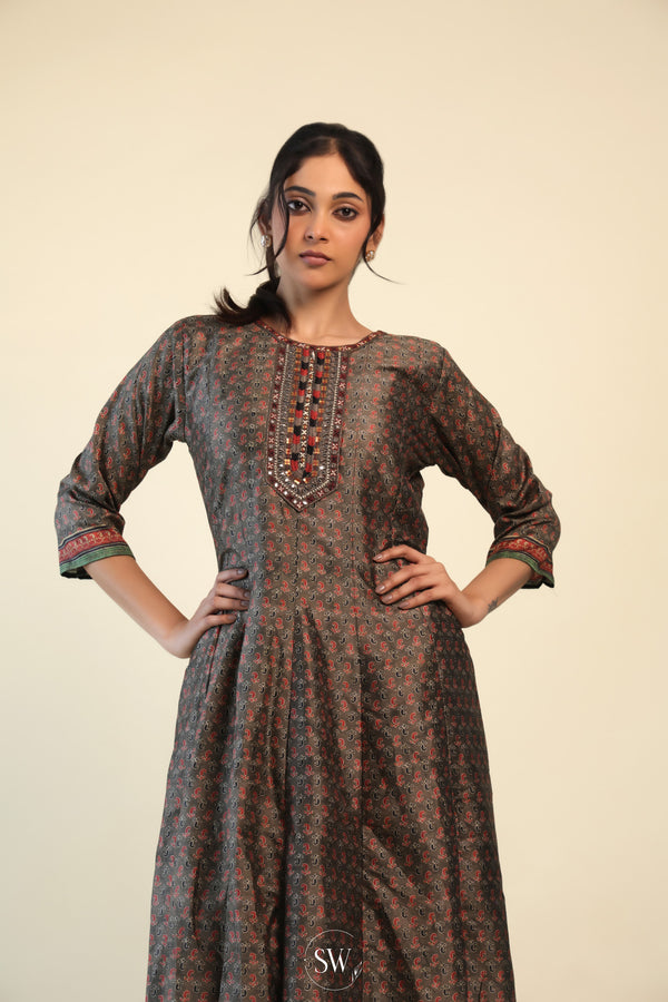 Deep Coffee Brown Everyday Kurti with Printed Ajrak Design