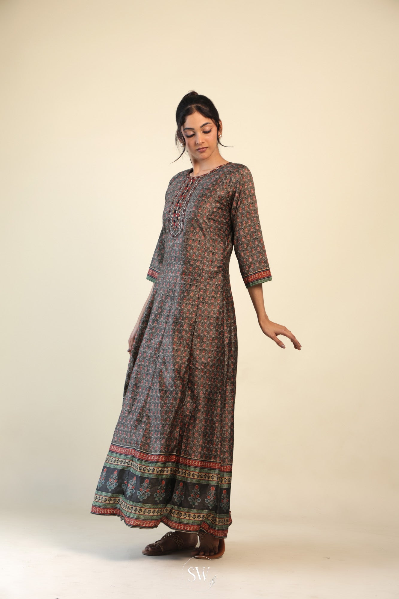 Deep Coffee Brown Everyday Kurti with Printed Ajrak Design