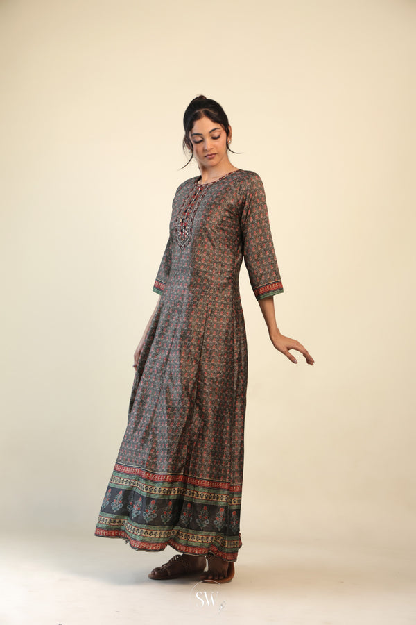 Deep Coffee Brown Everyday Kurti with Printed Ajrak Design