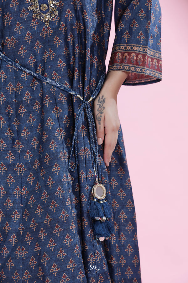 Deep Royal Blue Casual Kurti with Ajrakh Print