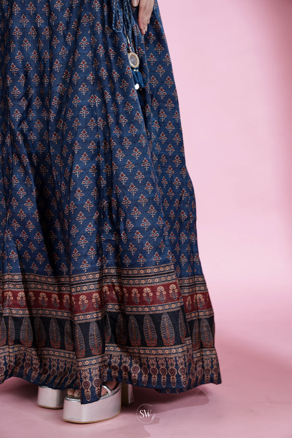 Deep Royal Blue Casual Kurti with Ajrakh Print