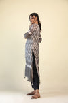 Stone Grey-White Printed Kurti with Hand Embroidery