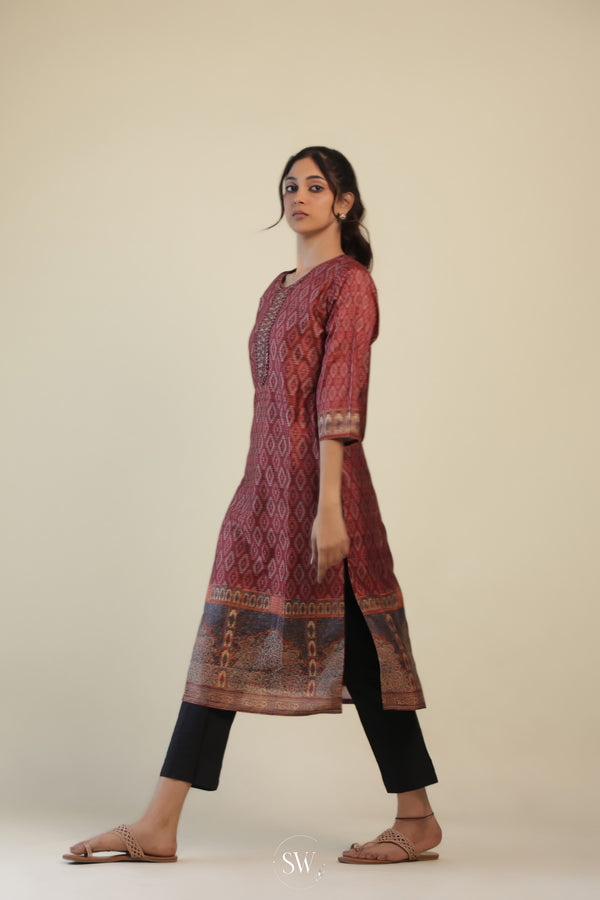 Brownish Red Printed Kurti with Diamond Pattern