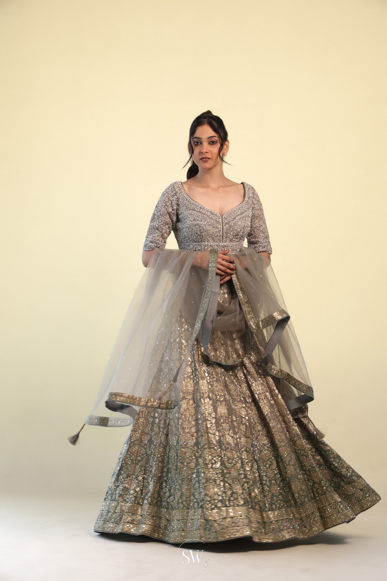 Pista Green Bridal Lehenga Set with Hand Embroidery
