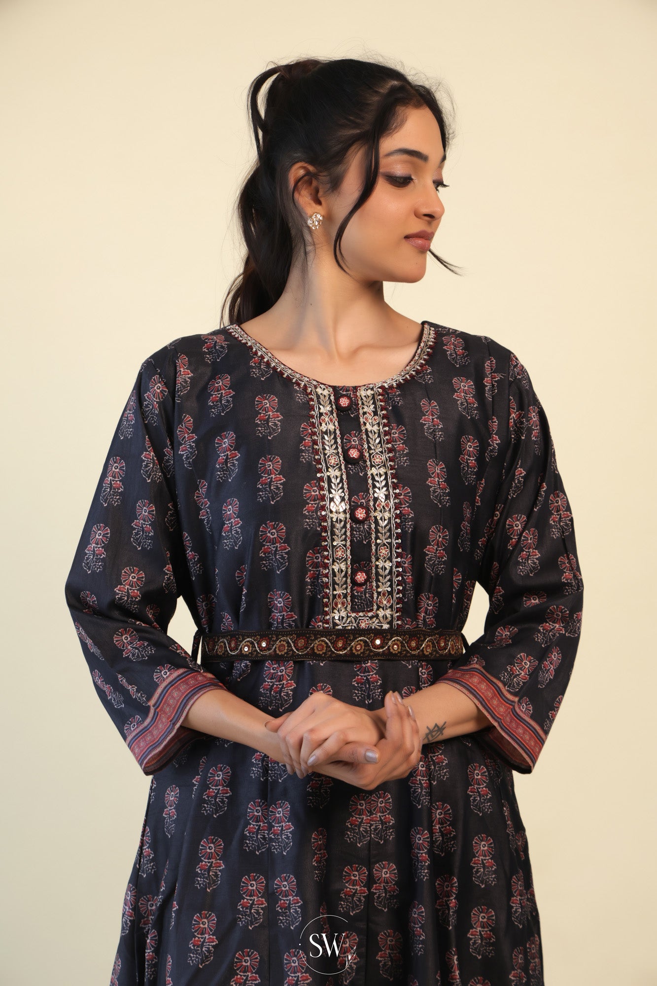 Kajal Black Everyday Kurti with Hand Embroidery
