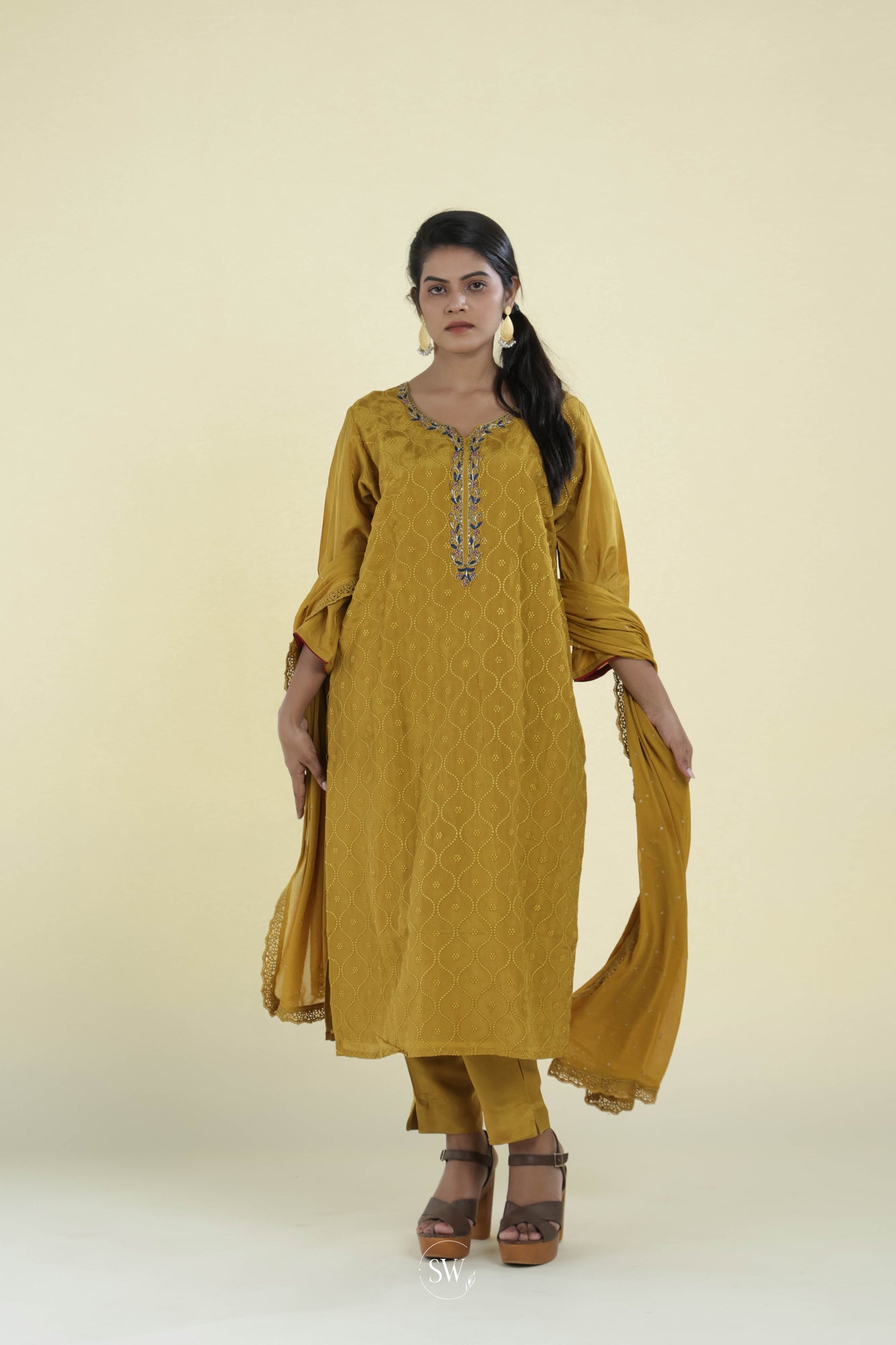 Sand Yellow Straight Suit Set With Hand Embroidery