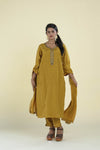 Sand Yellow Straight Suit Set With Hand Embroidery