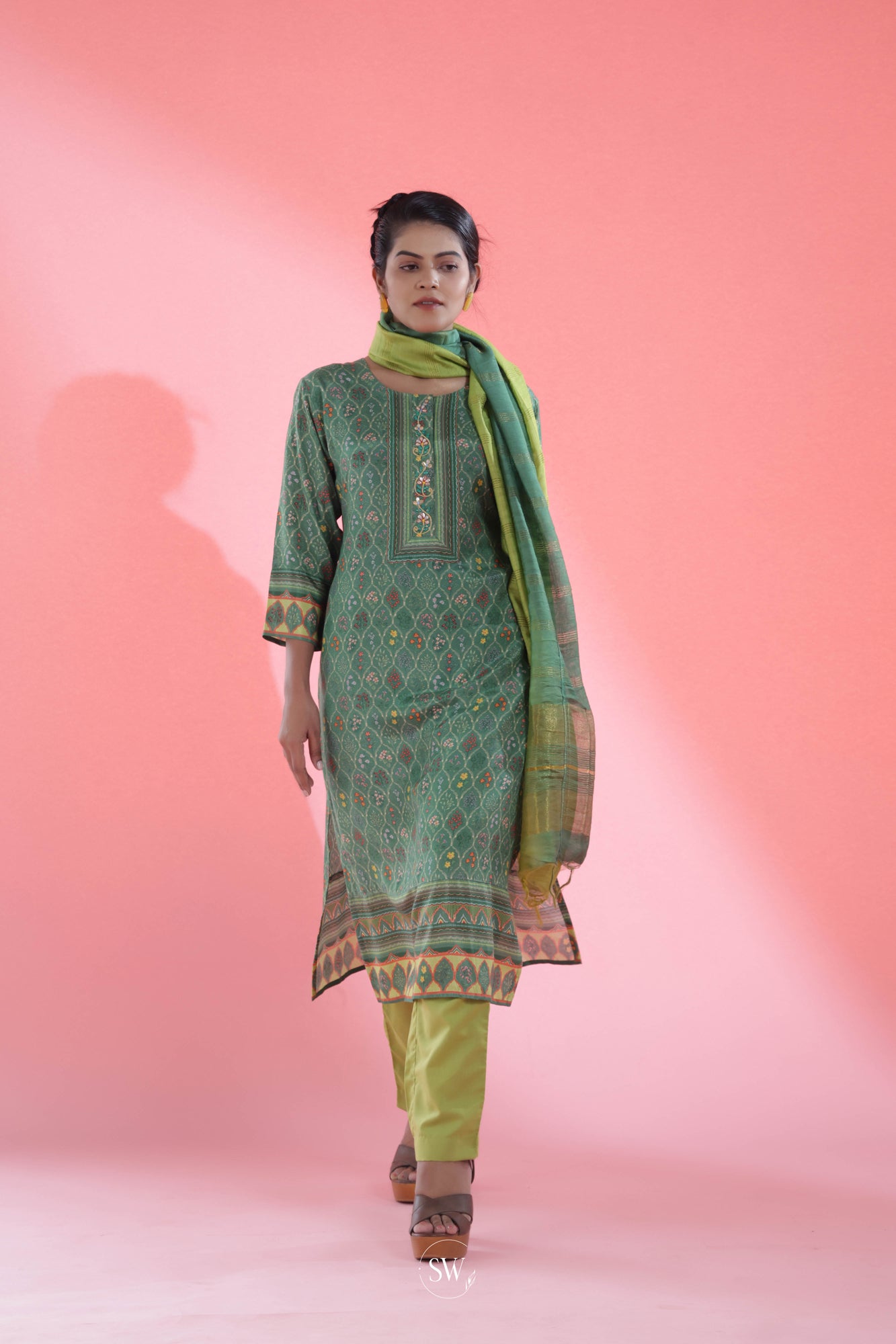 Viridian Green Printed Straight Suit Set With Floral Design