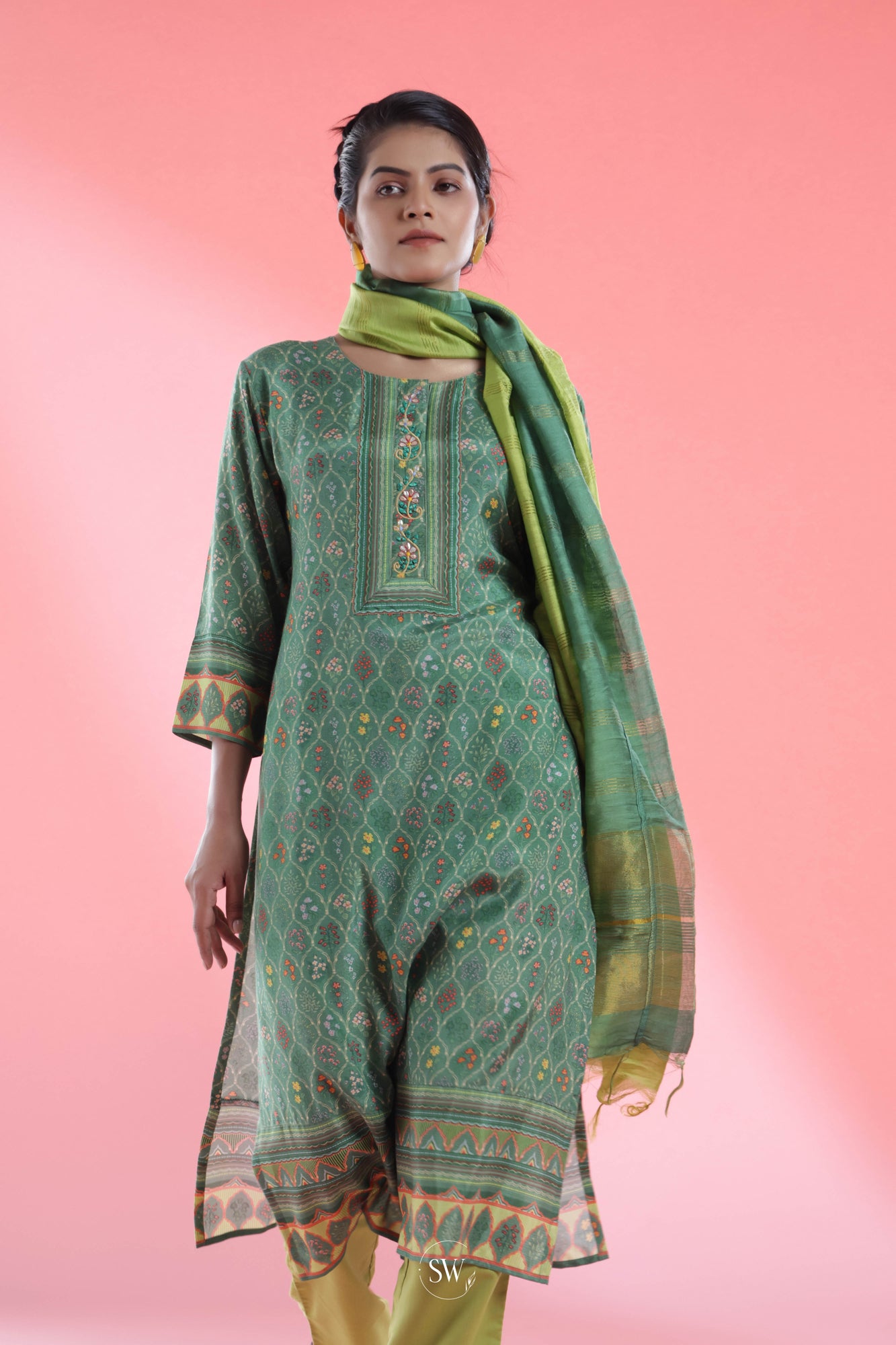 Viridian Green Printed Straight Suit Set With Floral Design