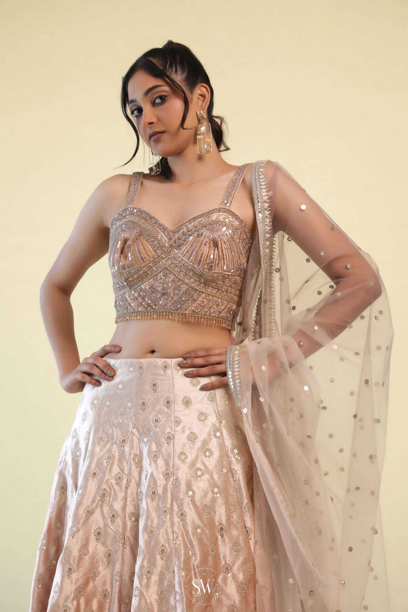 Gold Floral  Butti Lehenga Set with Hand Embroidery