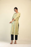 Pale Green Stripes Printed Kurti with Floral Embroidery