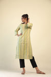 Pale Green Stripes Printed Kurti with Floral Embroidery
