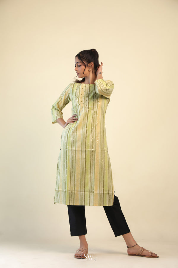 Pale Green Stripes Printed Kurti with Floral Embroidery
