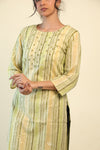 Pale Green Stripes Printed Kurti with Floral Embroidery