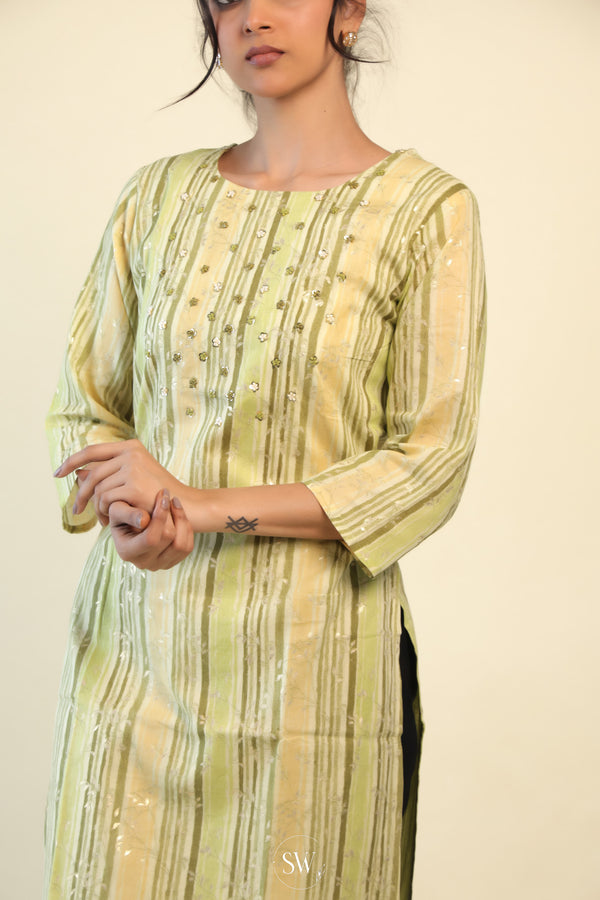 Pale Green Stripes Printed Kurti with Floral Embroidery