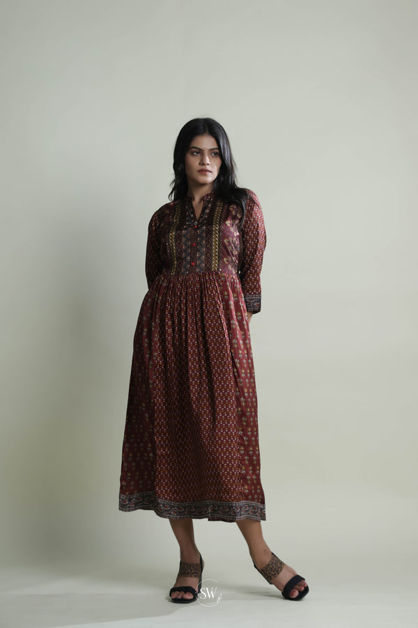 Maroon Straight Kurti Set with Floral Print