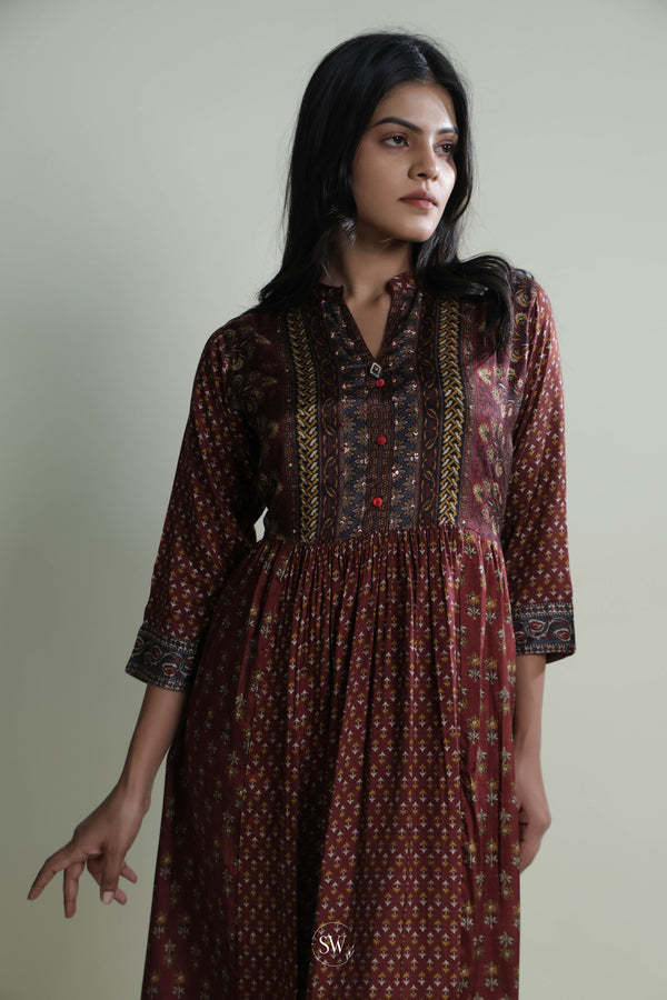 Maroon Straight Kurti Set with Floral Print