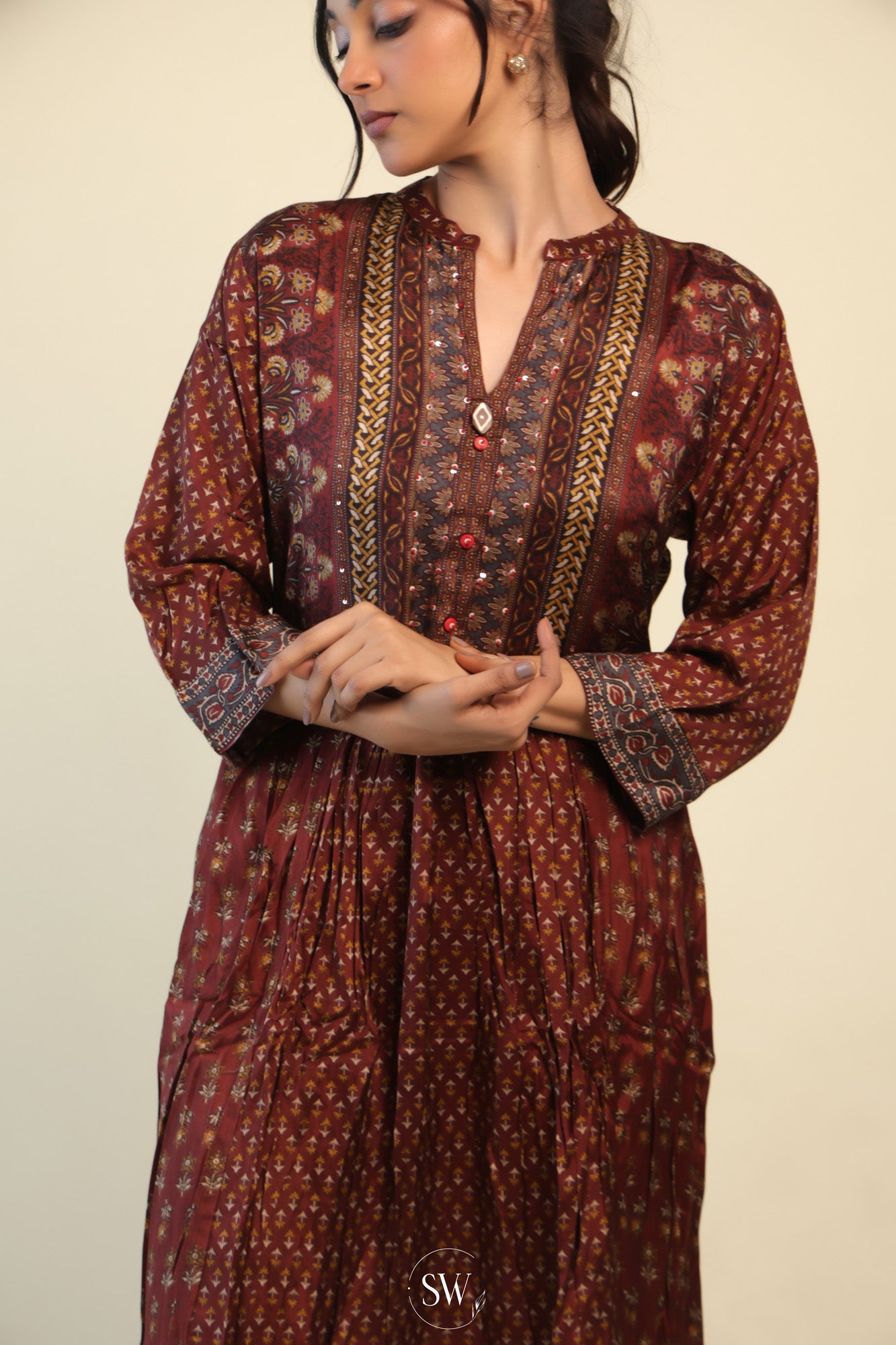 Deep Brown Printed Kurta with Floral Design