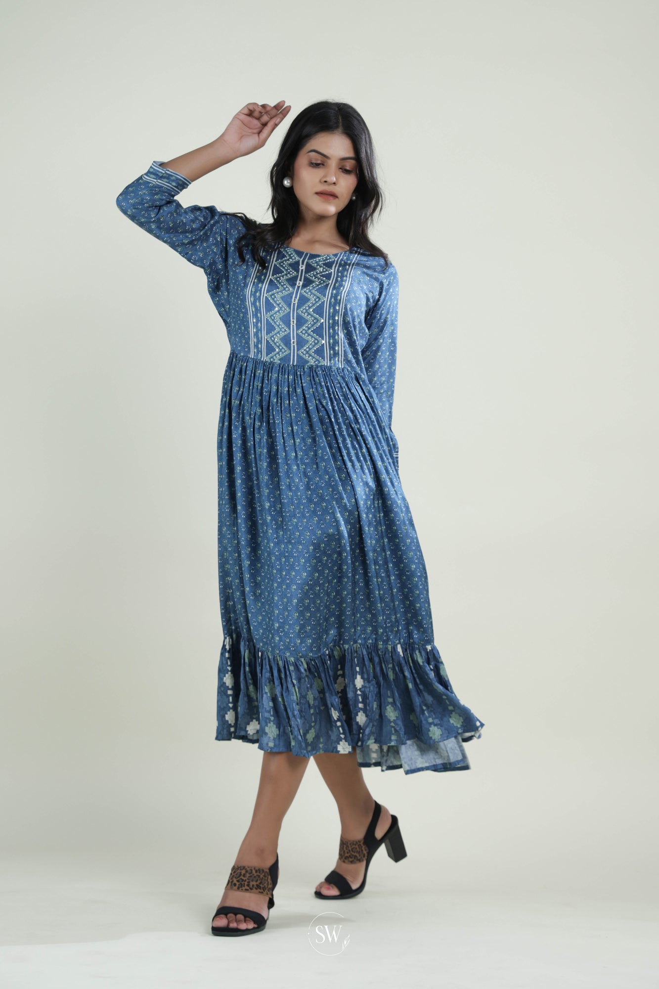 Sea Blue Printed Kurti with Floral Design