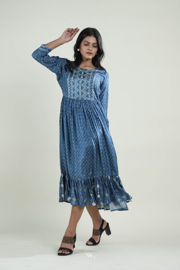 Sea Blue Printed Kurti with Floral Design