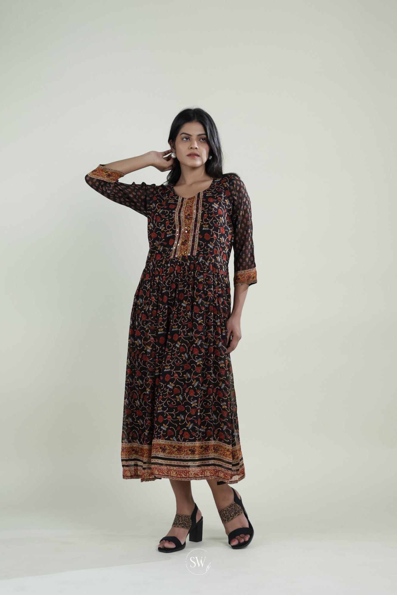Classic Black Kurti with Floral Design