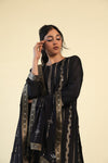 Neutral Black Straight Suit Set With Floral Weaving