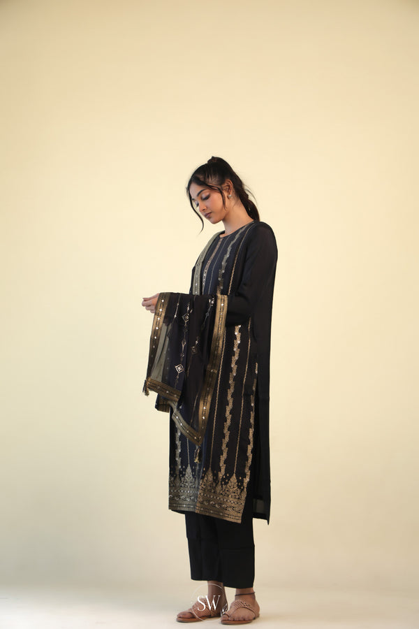 Neutral Black Straight Suit Set With Floral Weaving