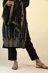 Neutral Black Straight Suit Set With Floral Weaving