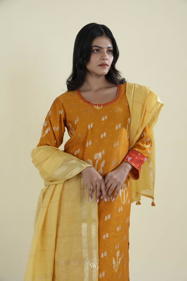 Marigold Orange Straight Suit Set With Floral Weaving