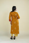 Marigold Orange Straight Suit Set With Floral Weaving