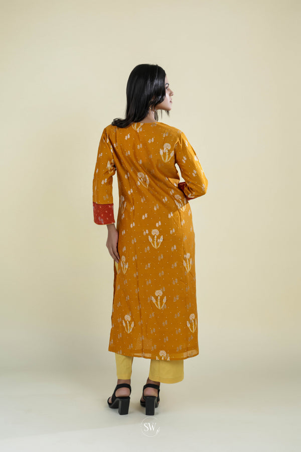 Marigold Orange Straight Suit Set With Floral Weaving
