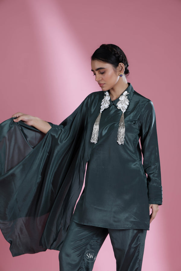 Bottle Green Indo Western Dress with Hand Embroidery