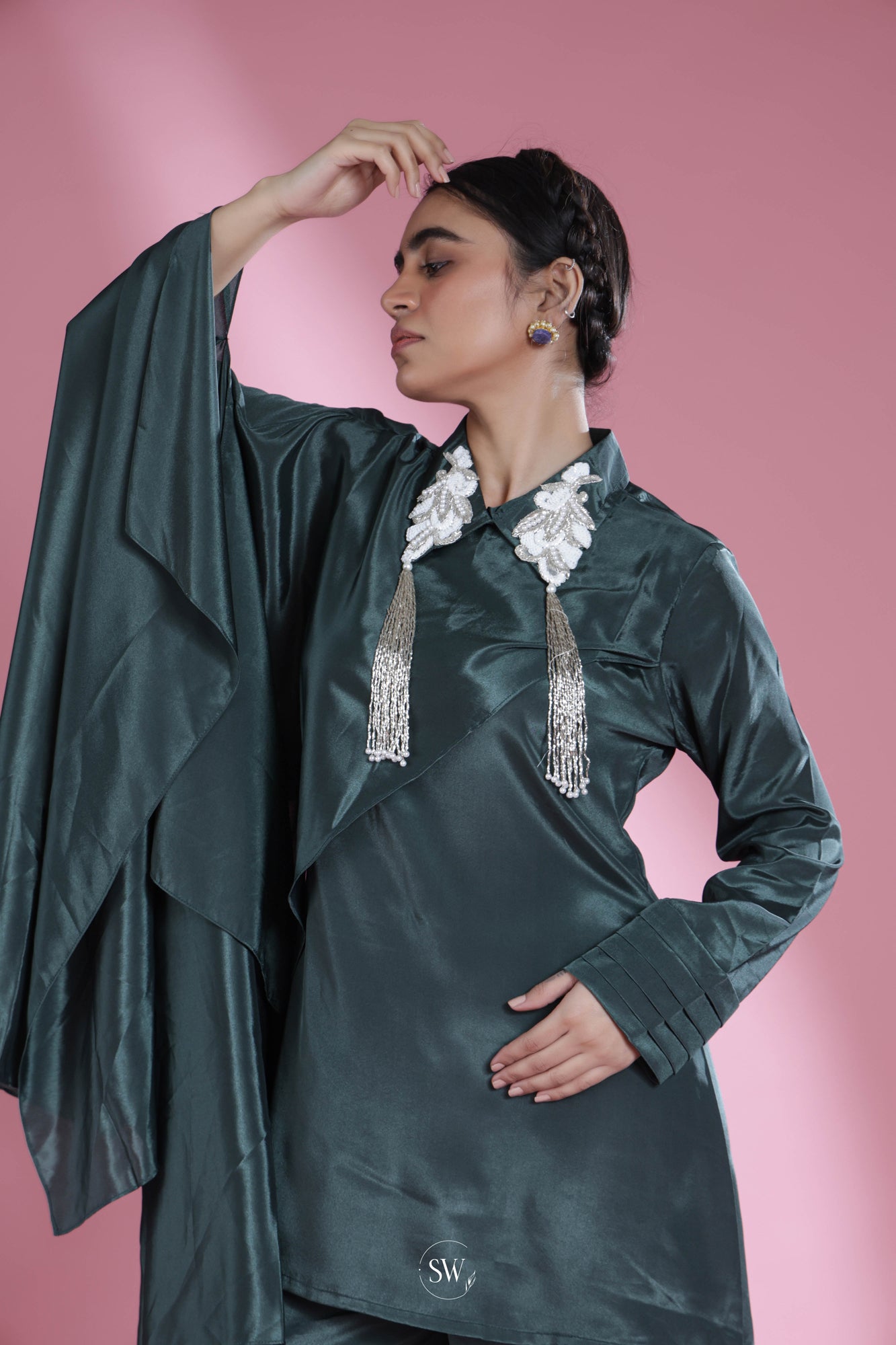 Bottle Green Indo Western Dress with Hand Embroidery