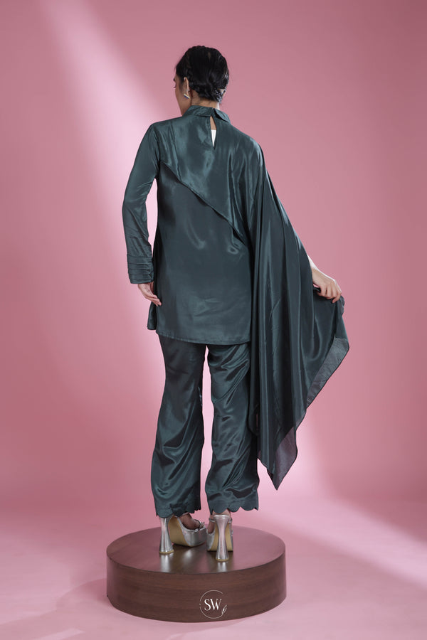 Bottle Green Indo Western Dress with Hand Embroidery