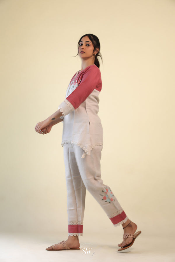 Cream-Red Top And Bottom Casual Set With Hand Embroidery