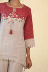 Cream-Red Top And Bottom Casual Set With Hand Embroidery