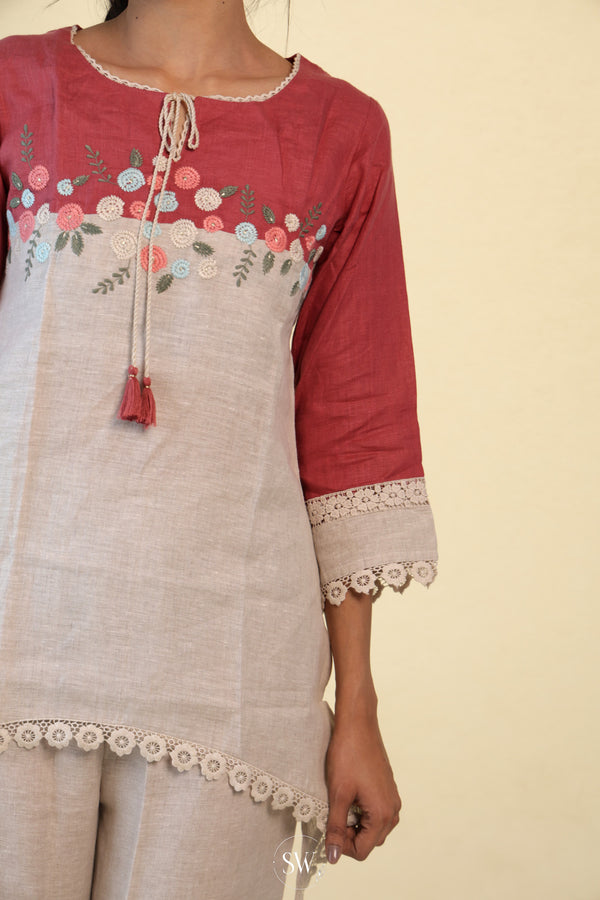 Cream-Red Top And Bottom Casual Set With Hand Embroidery