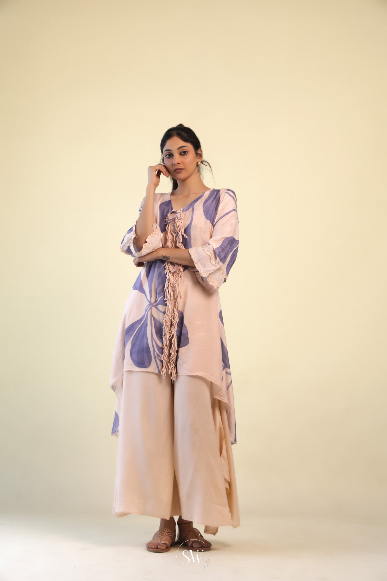 Pastel Peach Palazzo Set with Floral Print