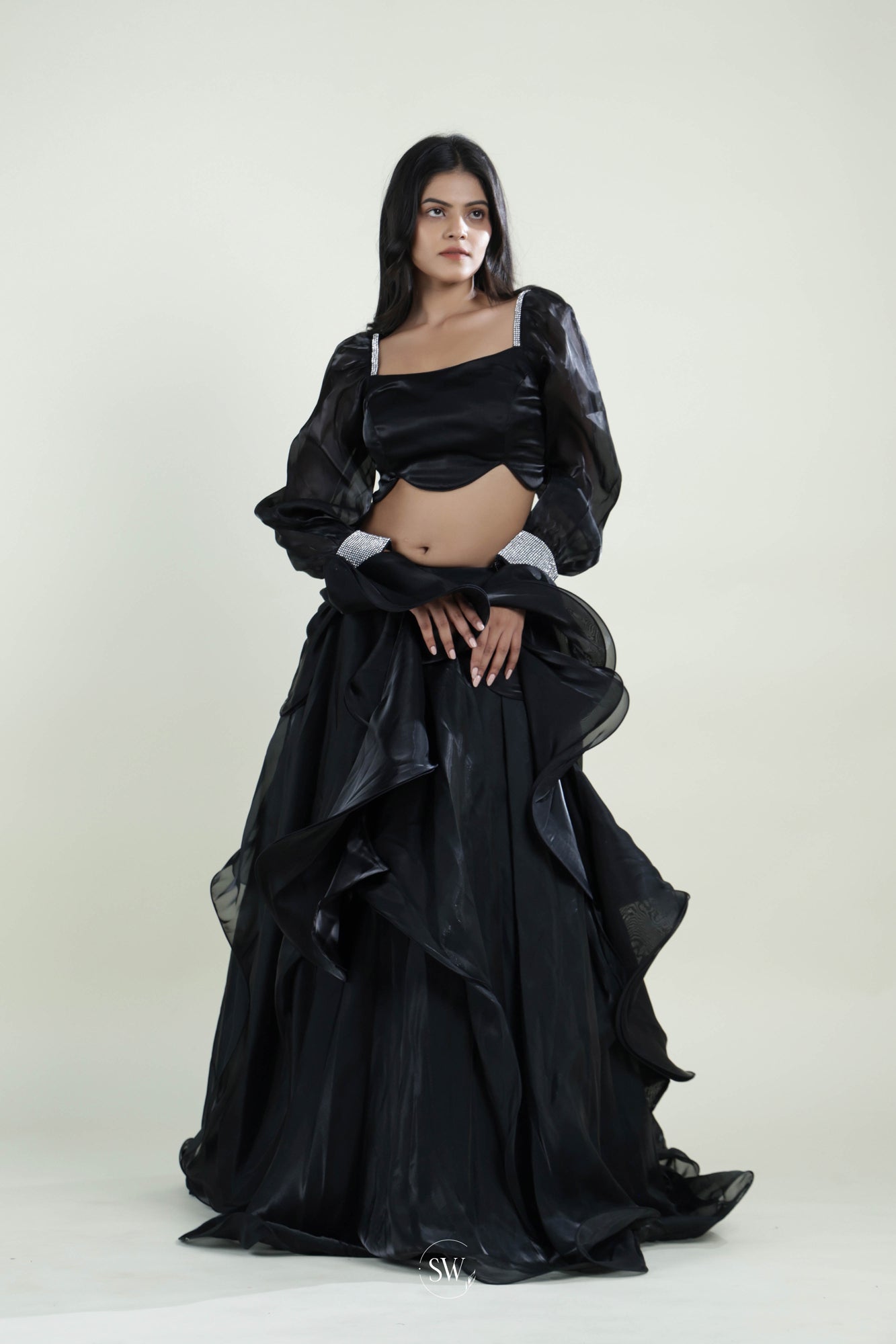 Kajal Black Plain Lehenga Set with Embroidery