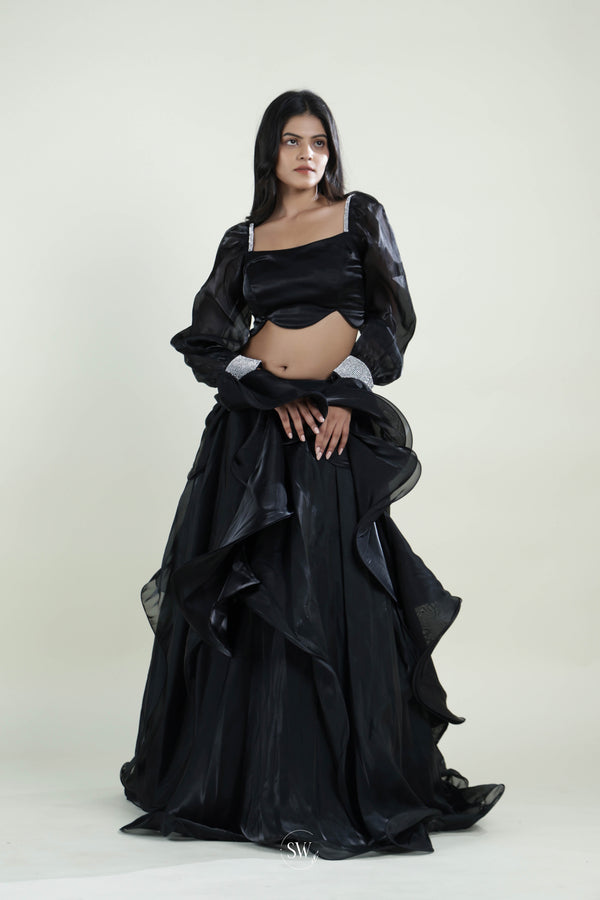 Kajal Black Plain Lehenga Set with Embroidery