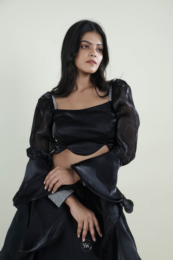 Kajal Black Plain Lehenga Set with Embroidery